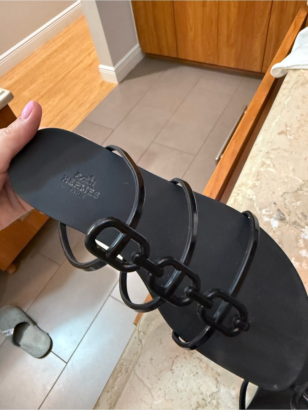 Hermes Black Strappy Chain-Accent Flat Sandals